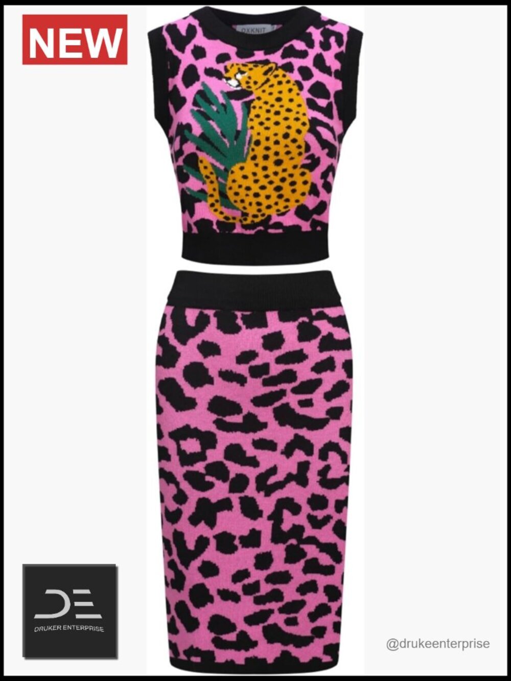 Women's Knitted Vest Skirt Sets 1960s Mod Style Leopard Tank Straight Skirt 2